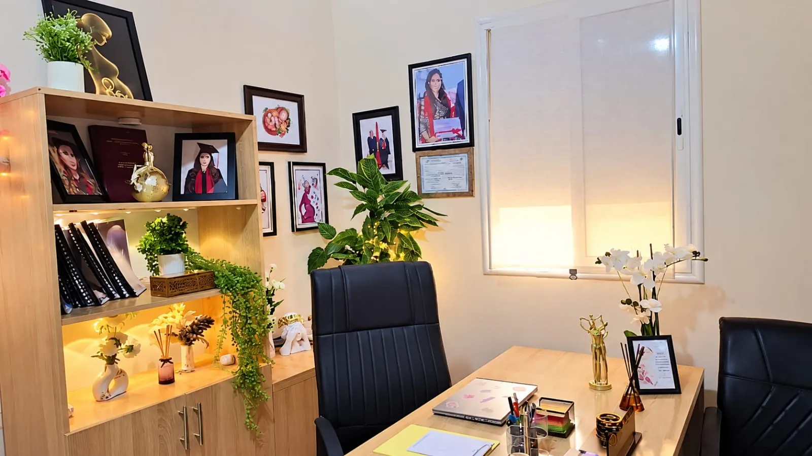 Espace de consultation du cabinet, avec bibliothèque, photographies encadrées et fenêtre