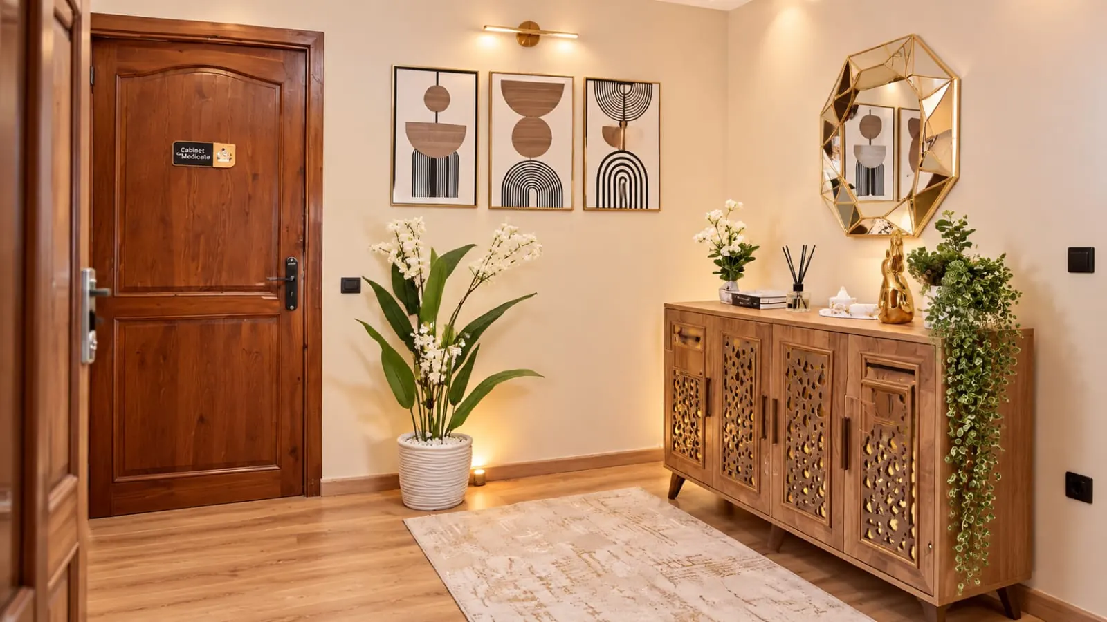 Entrée intérieure du cabinet, avec un buffet en bois et un miroir doré