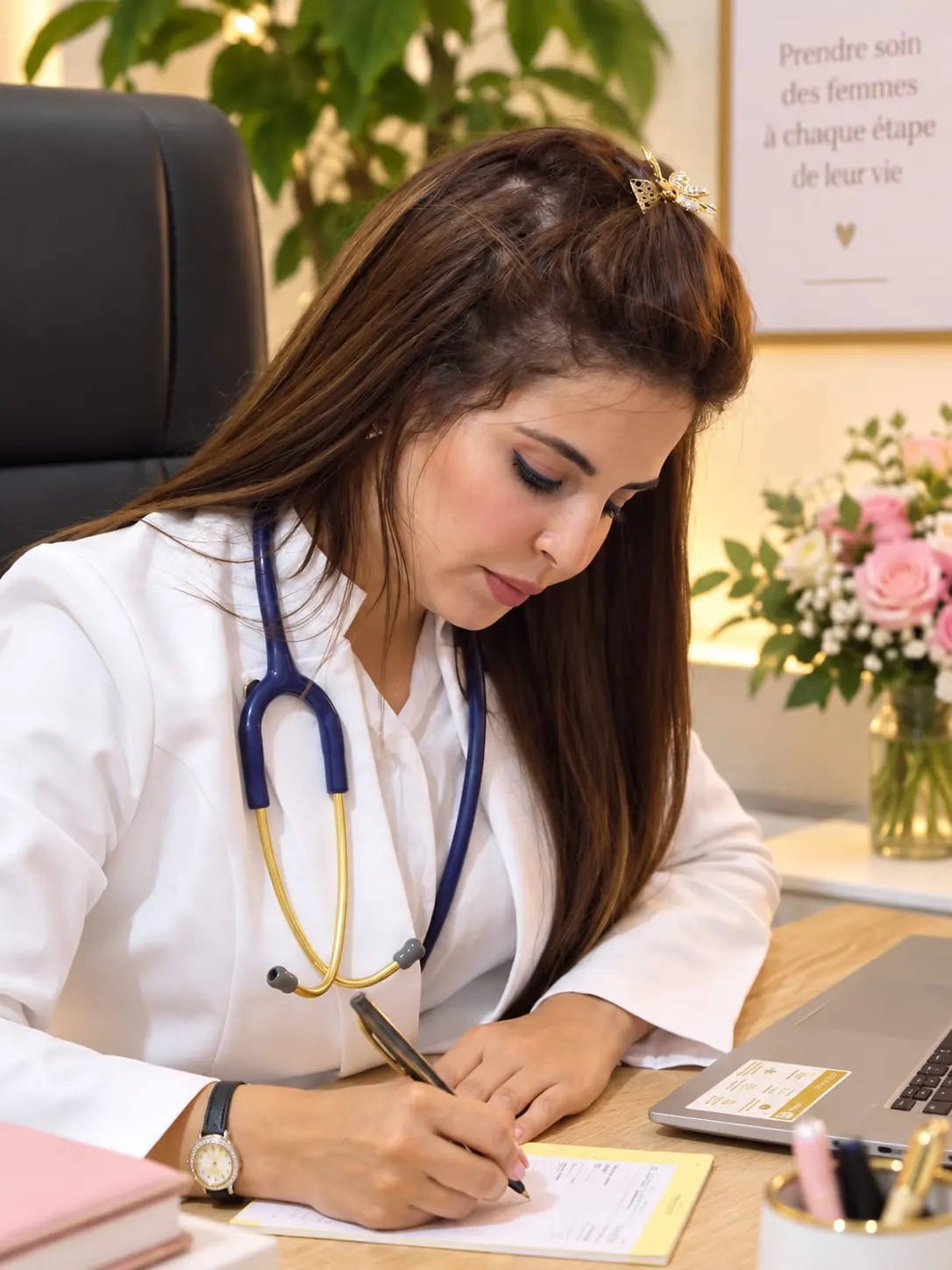 Dr Lina Khalfi Sahraoui rédigeant des notes à son bureau